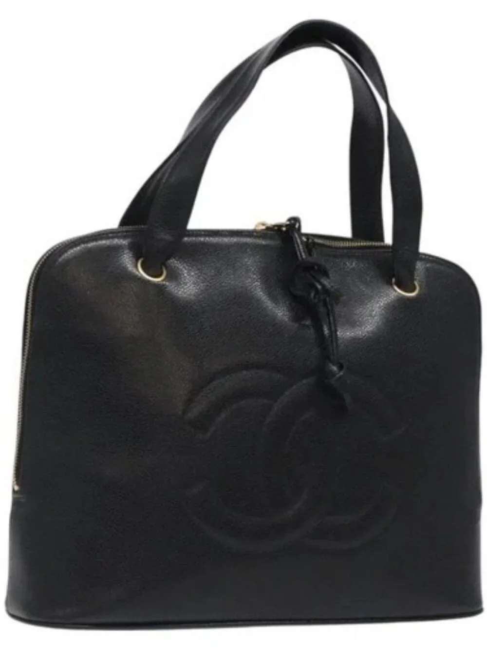 CHANEL COCO Mark Hand Bag Calf Skin Black Gold CC Auth yk17997
